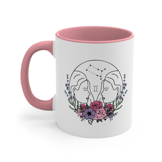 Gemini Floral Line Drawn Zodiac Accent Coffee Mug, 11oz