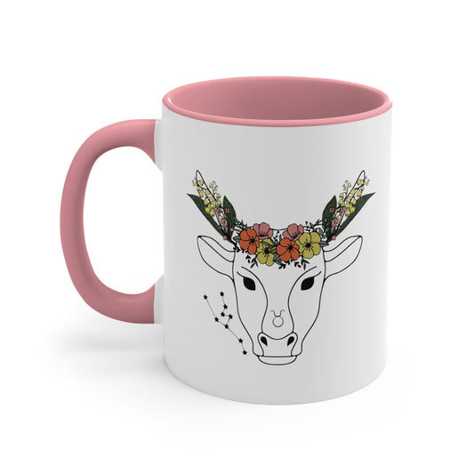 Taurus Floral Line Drawn Zodiac Accent Coffee Mug, 11oz